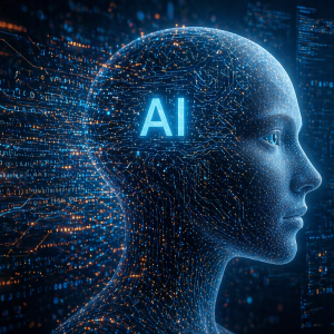Futuristic AI in digital matrix