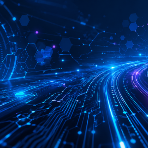 Futuristic digital landscape with data trails