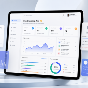 Productivity dashboard with floating widgets